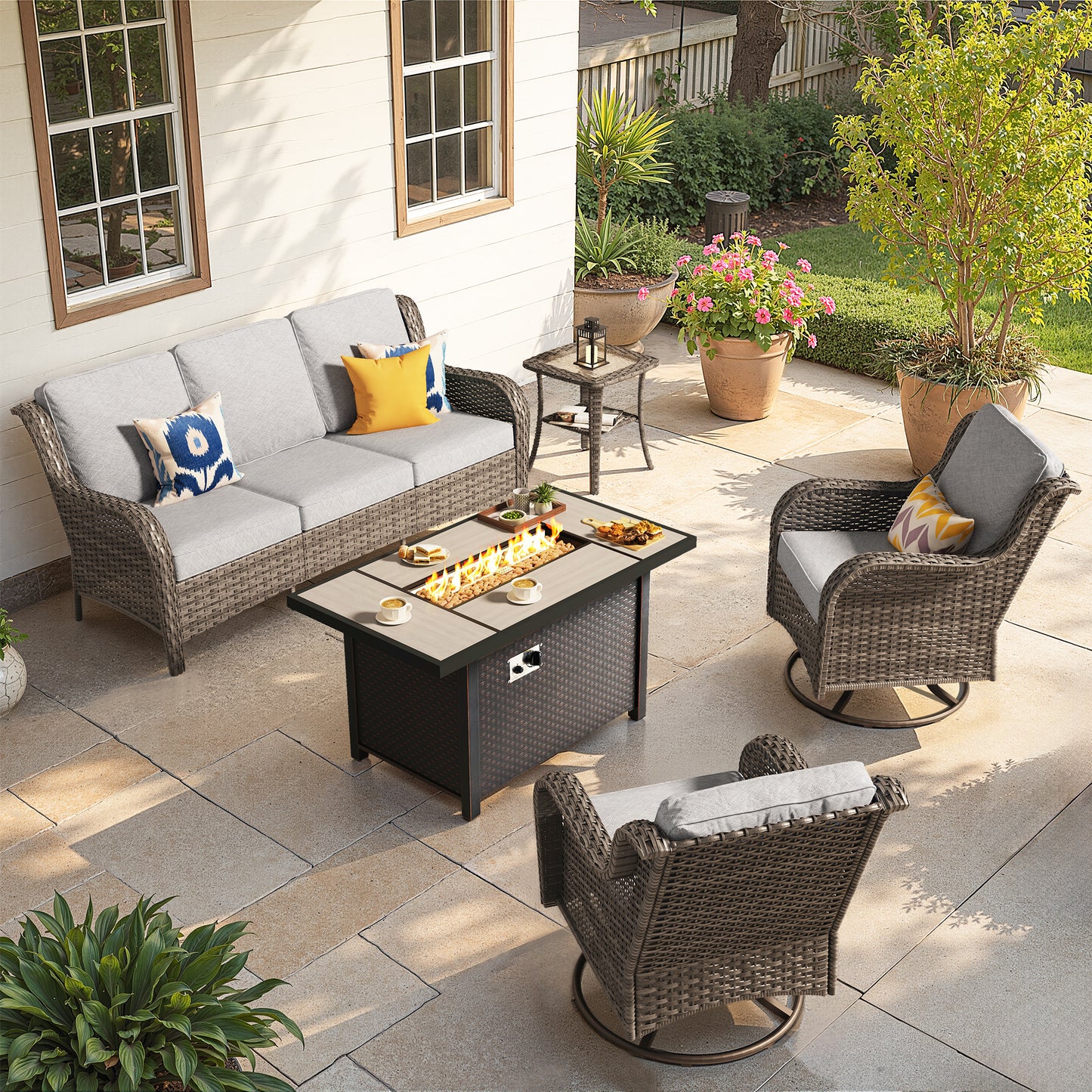 Toject Outdoor Patio Furniture Set, All-Weather Gray Wicker Outside Furniture with 42 Inch Fire Pit Table, 7 Pieces Conversation Set with Swivel Chairs & Ottomans for Backyard Deck Garden