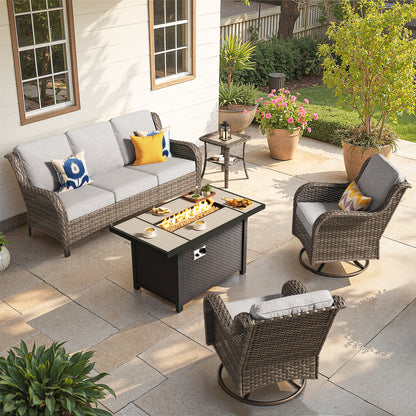 Toject Outdoor Patio Furniture Set, All-Weather Gray Wicker Outside Furniture with 42 Inch Fire Pit Table, 7 Pieces Conversation Set with Swivel Chairs & Ottomans for Backyard Deck Garden