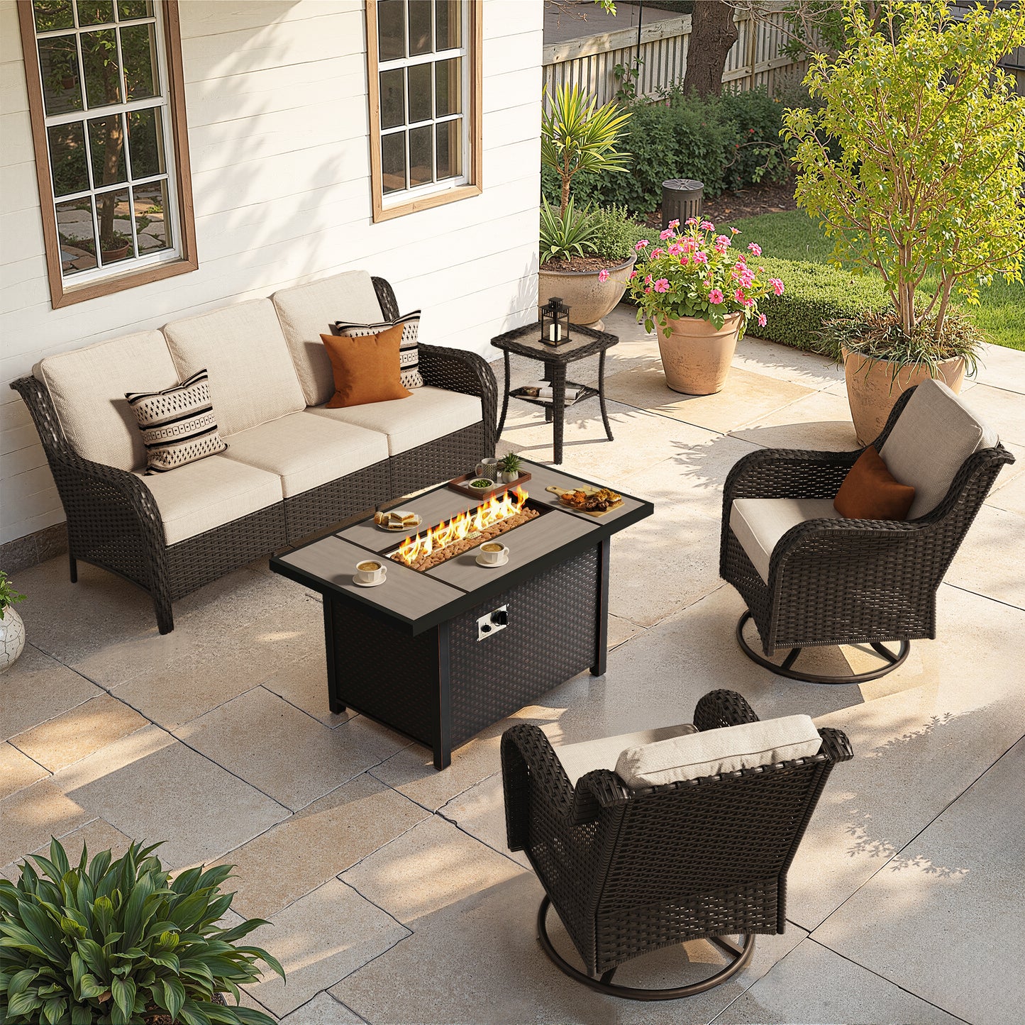 Toject Outdoor Patio Furniture Set, All-Weather Gray Wicker Outside Furniture with 42 Inch Fire Pit Table, 7 Pieces Conversation Set with Swivel Chairs & Ottomans for Backyard Deck Garden