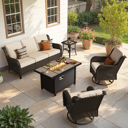 Toject Outdoor Patio Furniture Set, All-Weather Gray Wicker Outside Furniture with 42 Inch Fire Pit Table, 7 Pieces Conversation Set with Swivel Chairs & Ottomans for Backyard Deck Garden