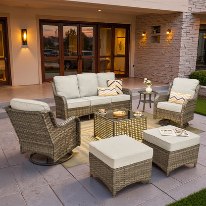 Toject Outdoor Patio Furniture Set, All-Weather Gray Wicker Outside Furniture with 42 Inch Fire Pit Table, 7 Pieces Conversation Set with Swivel Chairs & Ottomans for Backyard Deck Garden