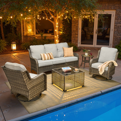 Toject Outdoor Patio Furniture Set, All-Weather Gray Wicker Outside Furniture with 42 Inch Fire Pit Table, 7 Pieces Conversation Set with Swivel Chairs & Ottomans for Backyard Deck Garden