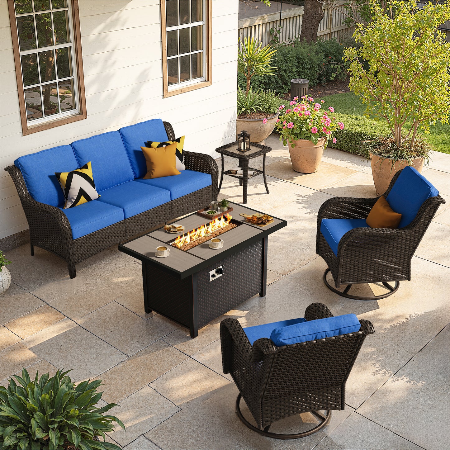 Toject Outdoor Patio Furniture Set, All-Weather Gray Wicker Outside Furniture with 42 Inch Fire Pit Table, 7 Pieces Conversation Set with Swivel Chairs & Ottomans for Backyard Deck Garden