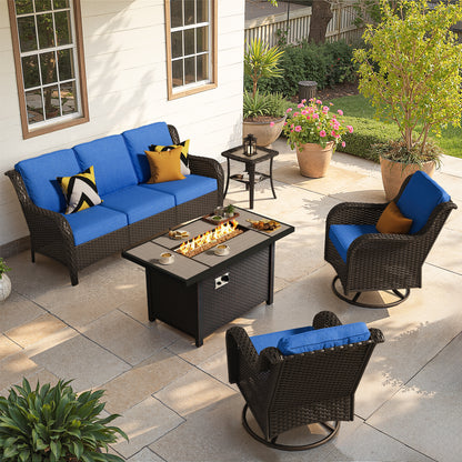 Toject Outdoor Patio Furniture Set, All-Weather Gray Wicker Outside Furniture with 42 Inch Fire Pit Table, 7 Pieces Conversation Set with Swivel Chairs & Ottomans for Backyard Deck Garden