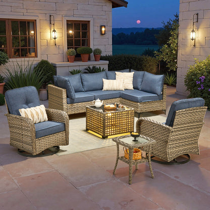 Toject 11 Pieces Patio Furniture Set All Weather Wicker Outdoor Conversation Set with 54" Fire Pit Outside Furniture Patio Sofa with Swivel Chairs & Solar Table