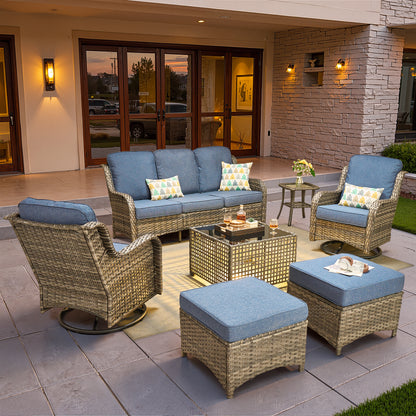 Toject Outdoor Patio Furniture Set, All-Weather Gray Wicker Outside Furniture with 42 Inch Fire Pit Table, 7 Pieces Conversation Set with Swivel Chairs & Ottomans for Backyard Deck Garden