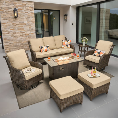 Toject Outdoor Patio Furniture Set, All-Weather Gray Wicker Outside Furniture with 42 Inch Fire Pit Table, 7 Pieces Conversation Set with Swivel Chairs & Ottomans for Backyard Deck Garden
