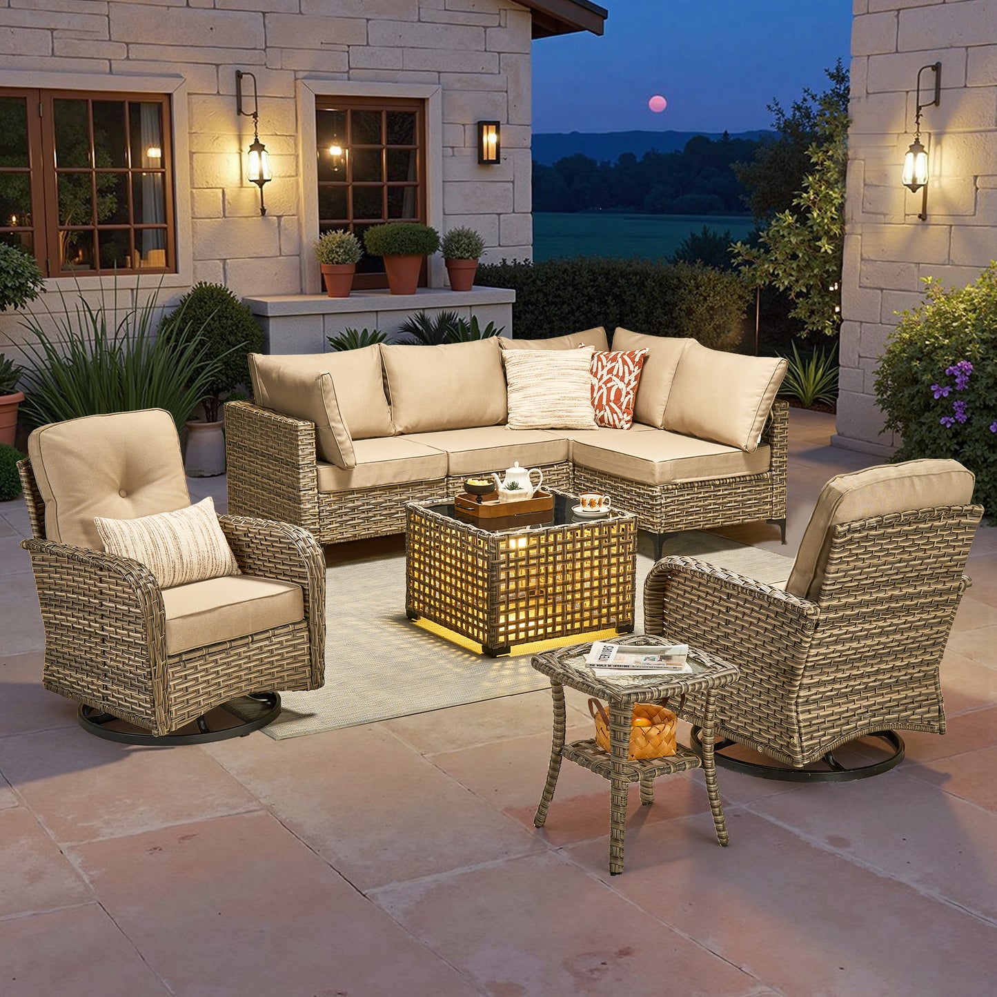 Toject 11 Pieces Patio Furniture Set All Weather Wicker Outdoor Conversation Set with 54" Fire Pit Outside Furniture Patio Sofa with Swivel Chairs & Solar Table