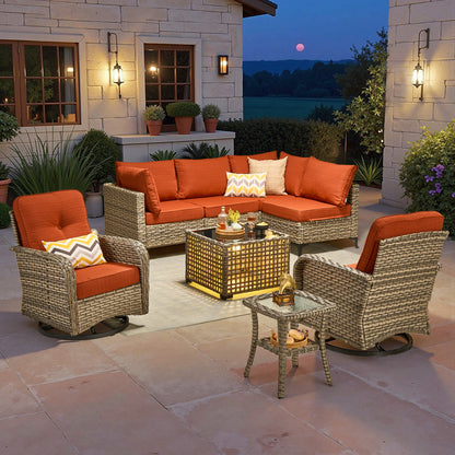 Toject 11 Pieces Patio Furniture Set All Weather Wicker Outdoor Conversation Set with 54" Fire Pit Outside Furniture Patio Sofa with Swivel Chairs & Solar Table