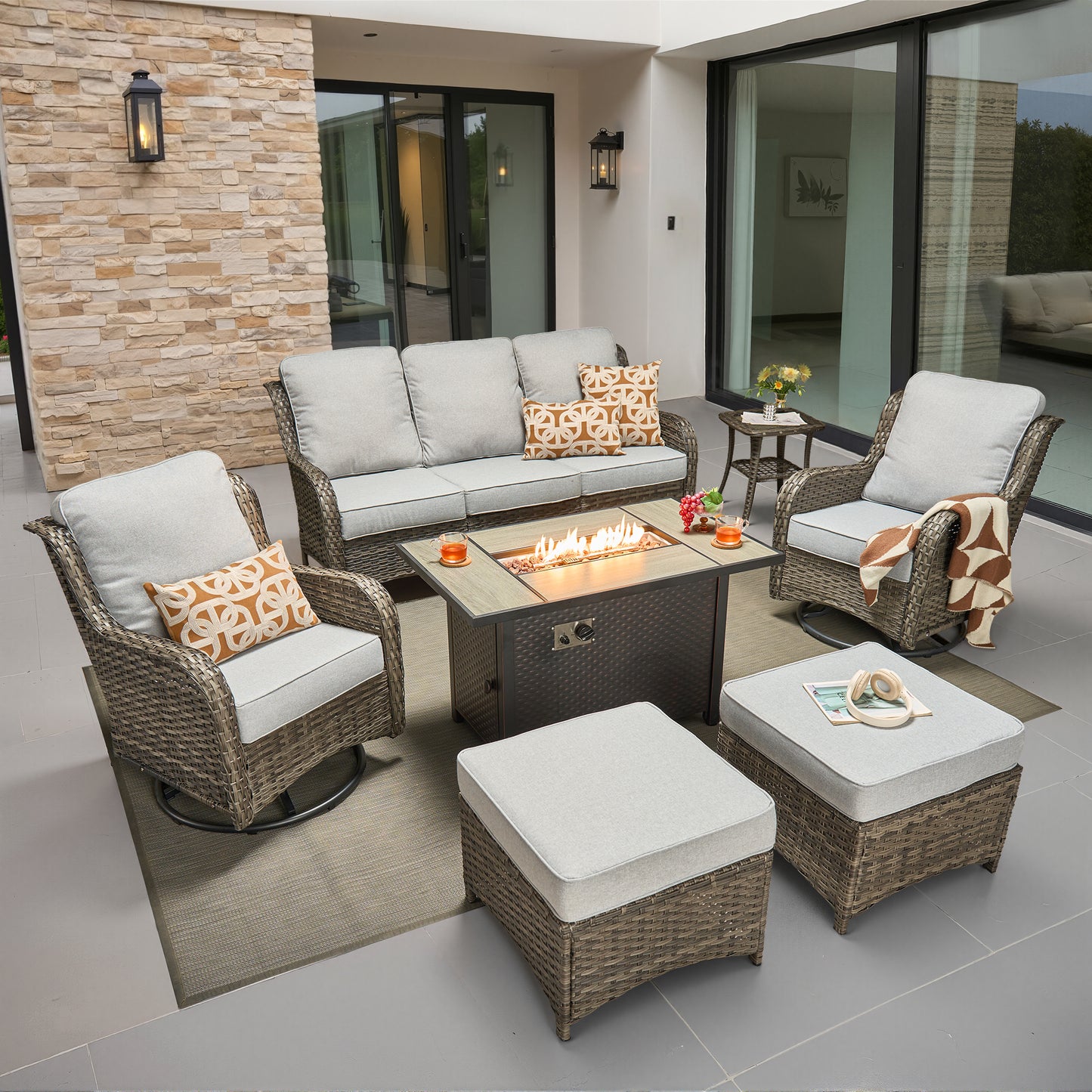 Toject Outdoor Patio Furniture Set, All-Weather Gray Wicker Outside Furniture with 42 Inch Fire Pit Table, 7 Pieces Conversation Set with Swivel Chairs & Ottomans for Backyard Deck Garden