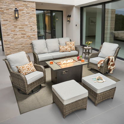 Toject Outdoor Patio Furniture Set, All-Weather Gray Wicker Outside Furniture with 42 Inch Fire Pit Table, 7 Pieces Conversation Set with Swivel Chairs & Ottomans for Backyard Deck Garden