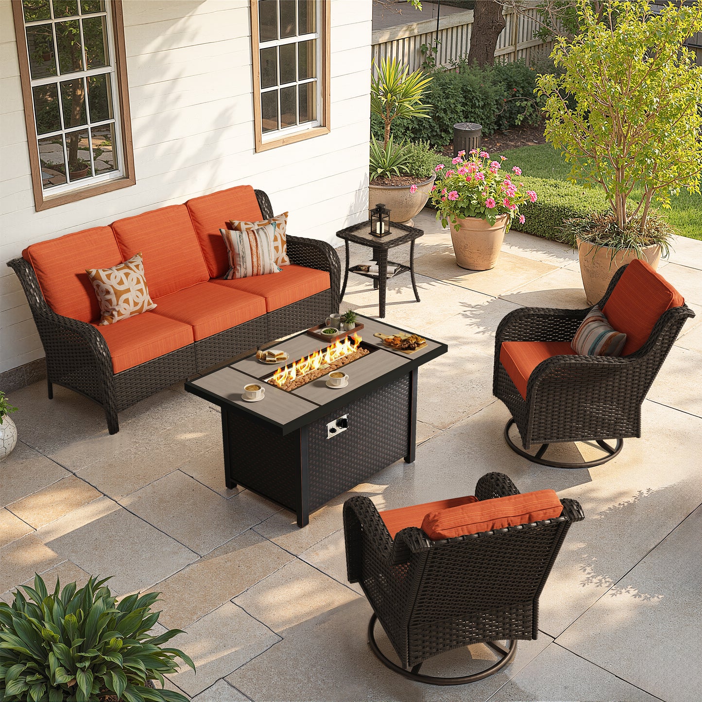 Toject Outdoor Patio Furniture Set, All-Weather Gray Wicker Outside Furniture with 42 Inch Fire Pit Table, 7 Pieces Conversation Set with Swivel Chairs & Ottomans for Backyard Deck Garden