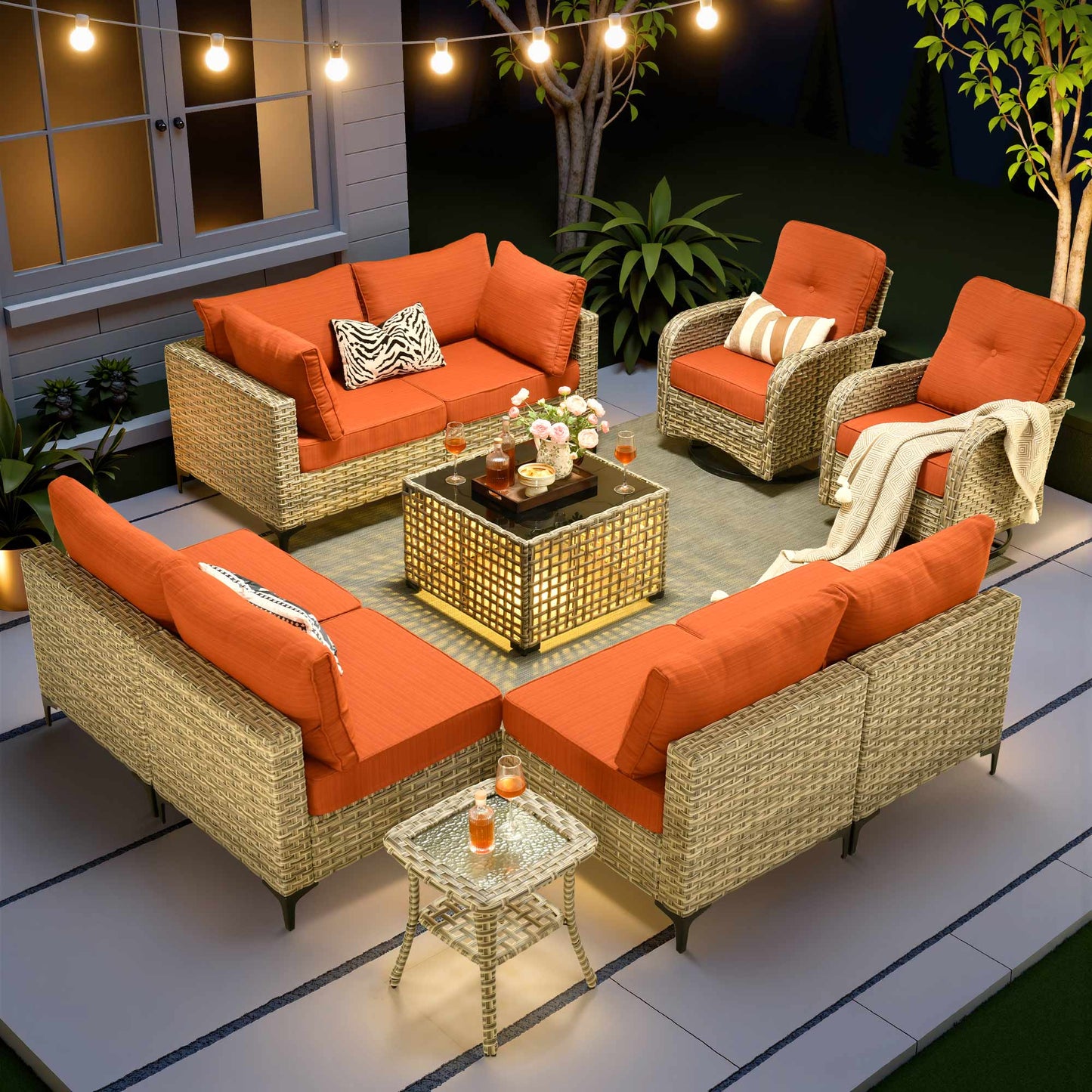 Toject 11 Pieces Patio Furniture Set All Weather Wicker Outdoor Conversation Set with 54" Fire Pit Outside Furniture Patio Sofa with Swivel Chairs & Solar Table