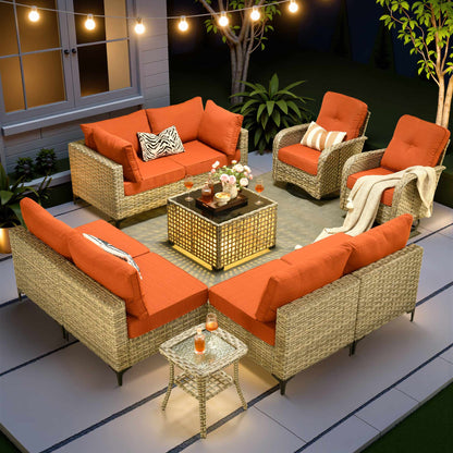 Toject 11 Pieces Patio Furniture Set All Weather Wicker Outdoor Conversation Set with 54" Fire Pit Outside Furniture Patio Sofa with Swivel Chairs & Solar Table