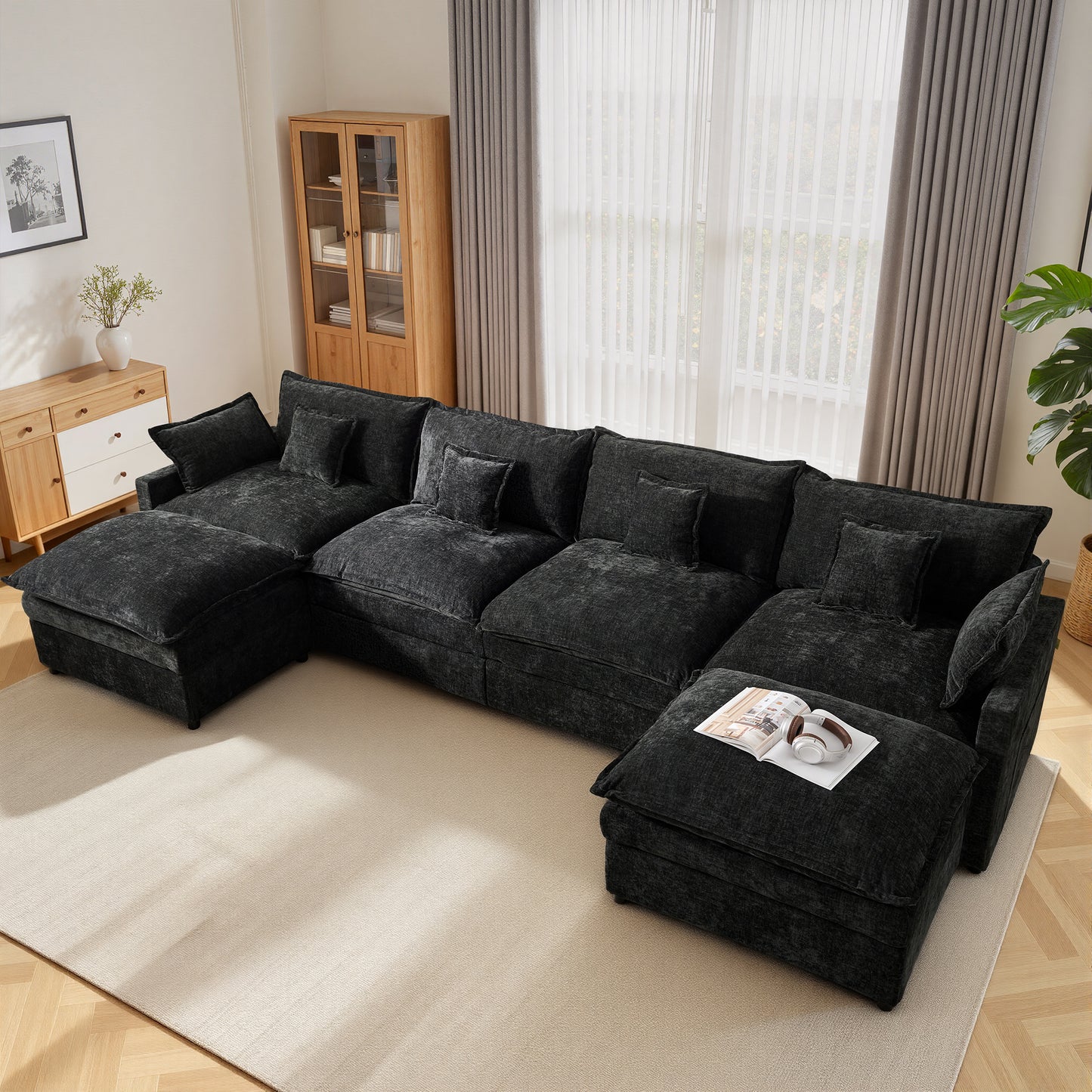 Toject 142" U-Shaped Modular Sectional Sofa, Chenille Cloud Couch with 2 Movable Ottomans, Extra Deep Seat Convertible Couch for Living Room, Apartment Beige