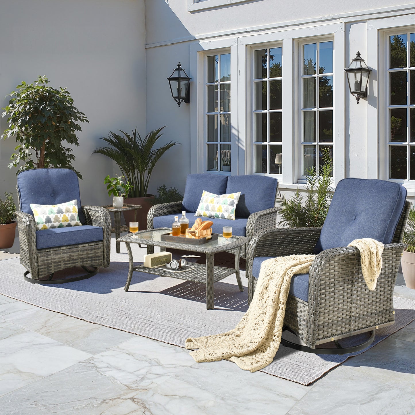 Toject 4 Pieces Patio Furniture Set, All-Weather Wicker Outdoor Furniture Loveseat Table Chairs Set for Porch, High Back Conversation Set for Backyard, Balcony, Denim Blue