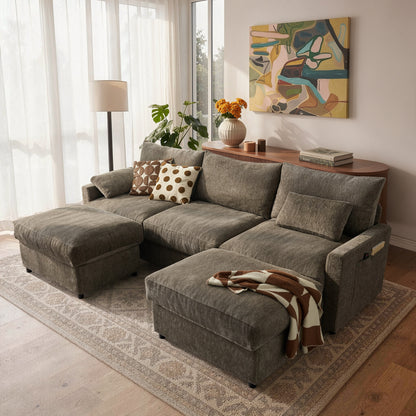 Toject 110.6" Modern U-Shape Sectional Sofa, Yarn-Dyed Chenille 4 Seat Deep Seat Sofa with 2 Movable Ottomans for Living Room Bedroom Apartment, Off-white